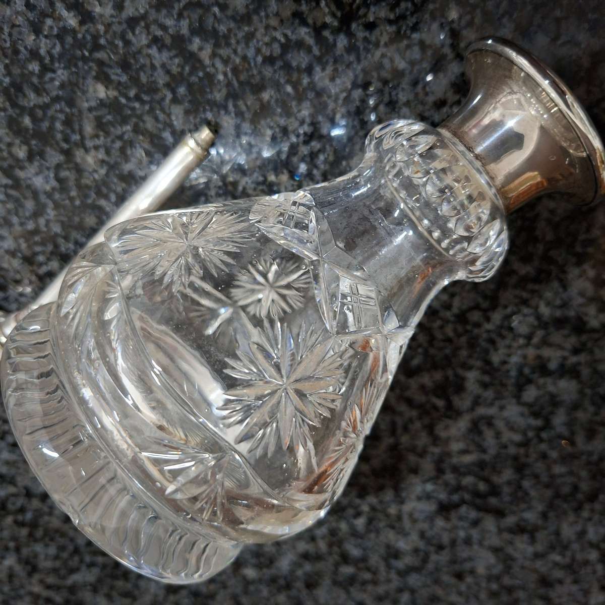 Perfume bottle, Silver Collar, crystal cut glass, atomiser - needs some attention.  17cms