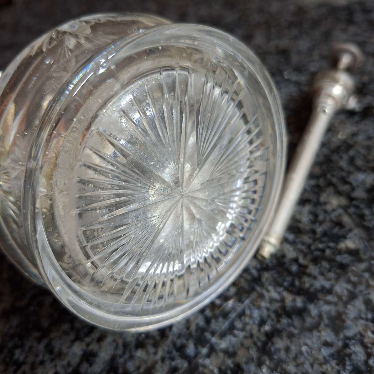 Perfume bottle, Silver Collar, crystal cut glass, atomiser - needs some attention.  17cms