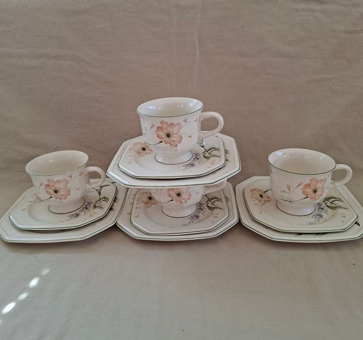 4 tea trios Mikasa Amsterdam Japan Octagon -cup saucer and plate