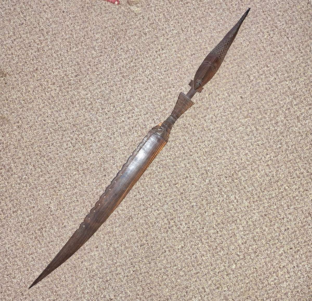 African hardwood carved knife - ceremonial? traditional pattern 76 cms long