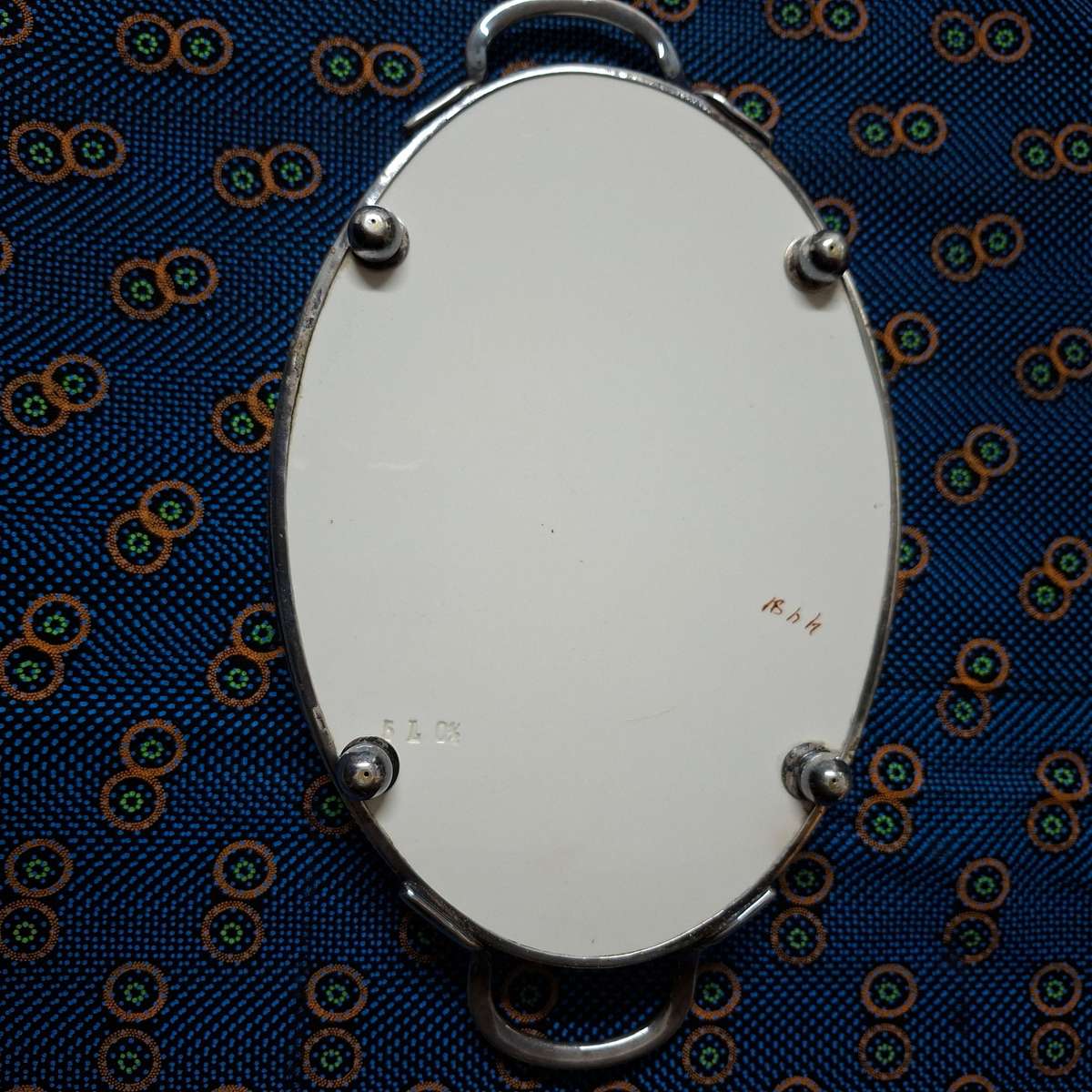 Silver plate gallery tray with floral ceramic base 29 x 17 cms