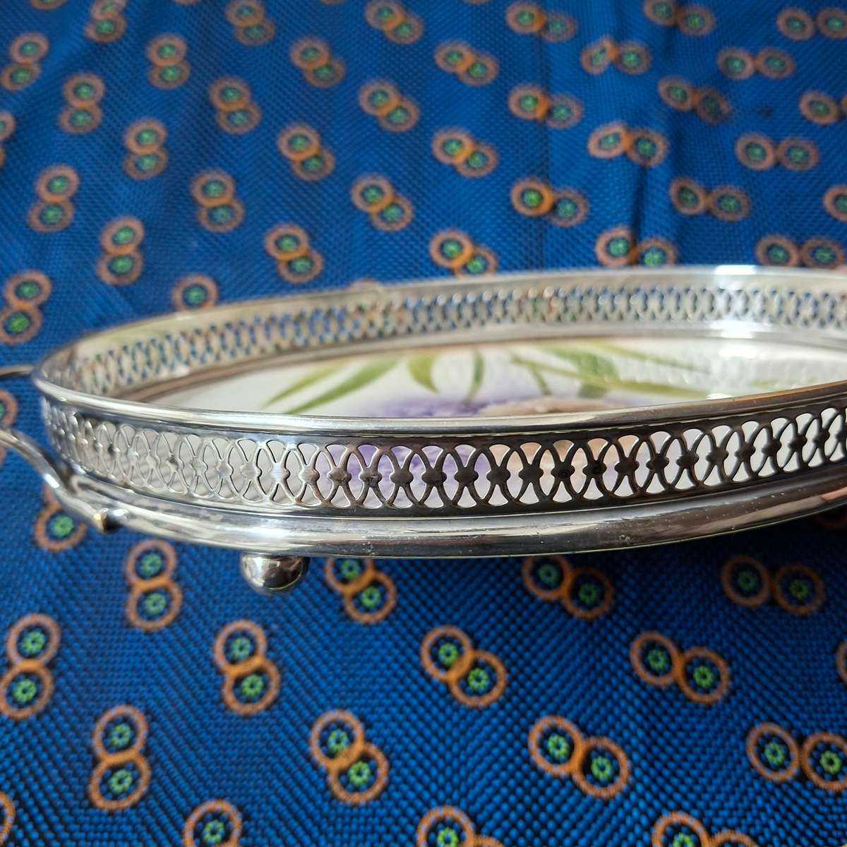 Silver plate gallery tray with floral ceramic base 29 x 17 cms