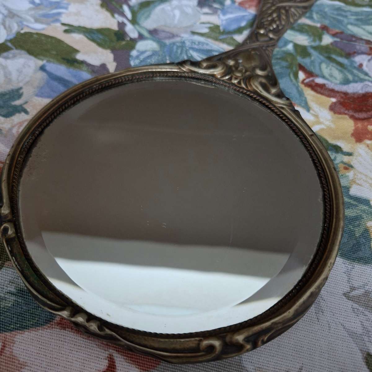 Epns Hand Mirror Victorian? Nouveau? Embossed.  Good Bevelled mirror.