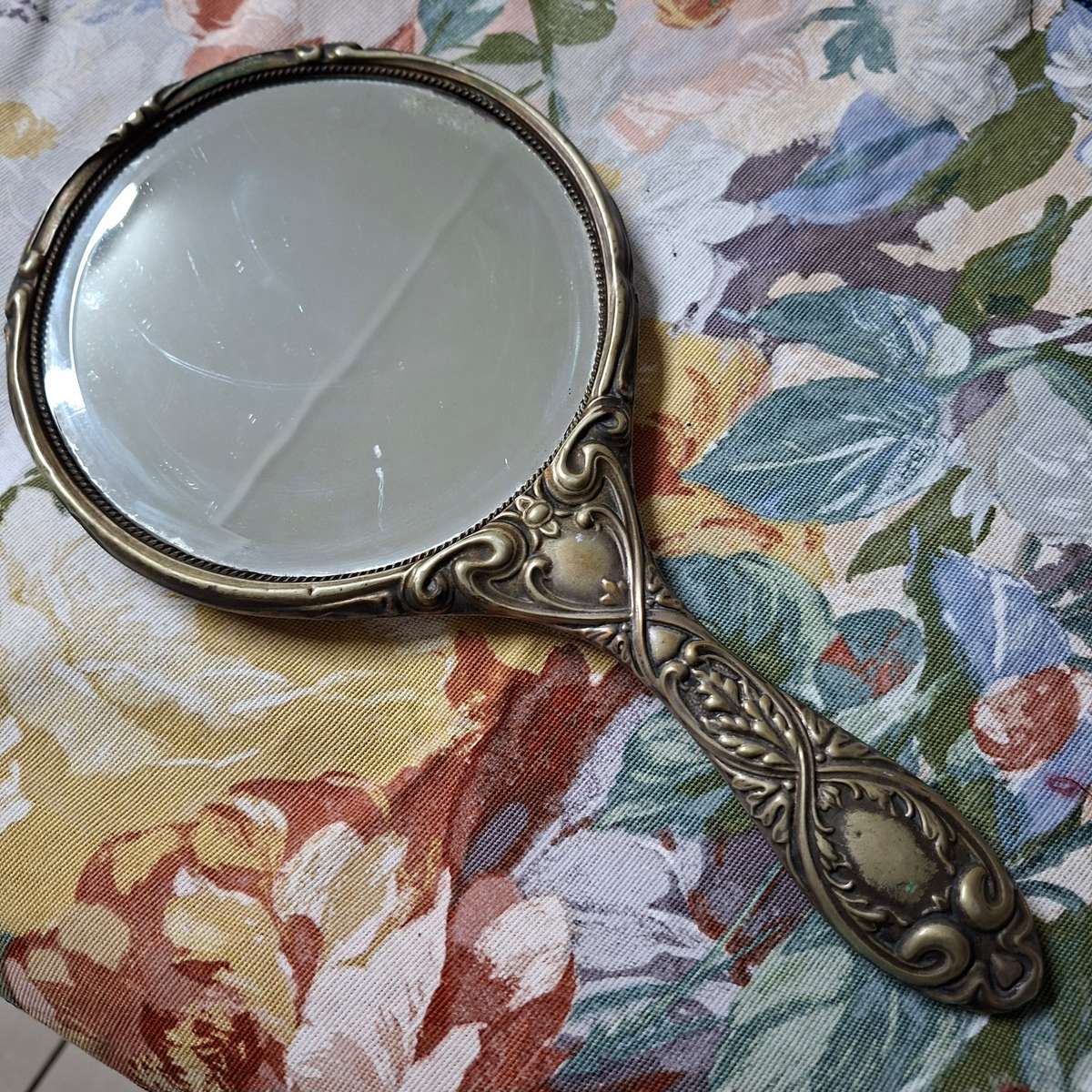 Epns Hand Mirror Victorian? Nouveau? Embossed.  Good Bevelled mirror.