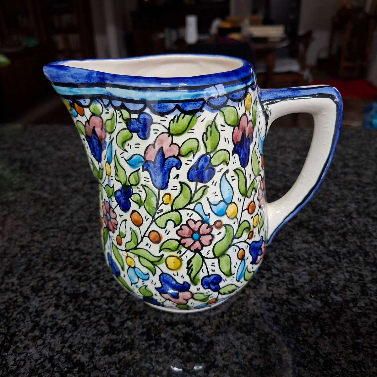 Vintage Jerusalem pottery jug - flowers and leaves blue and white