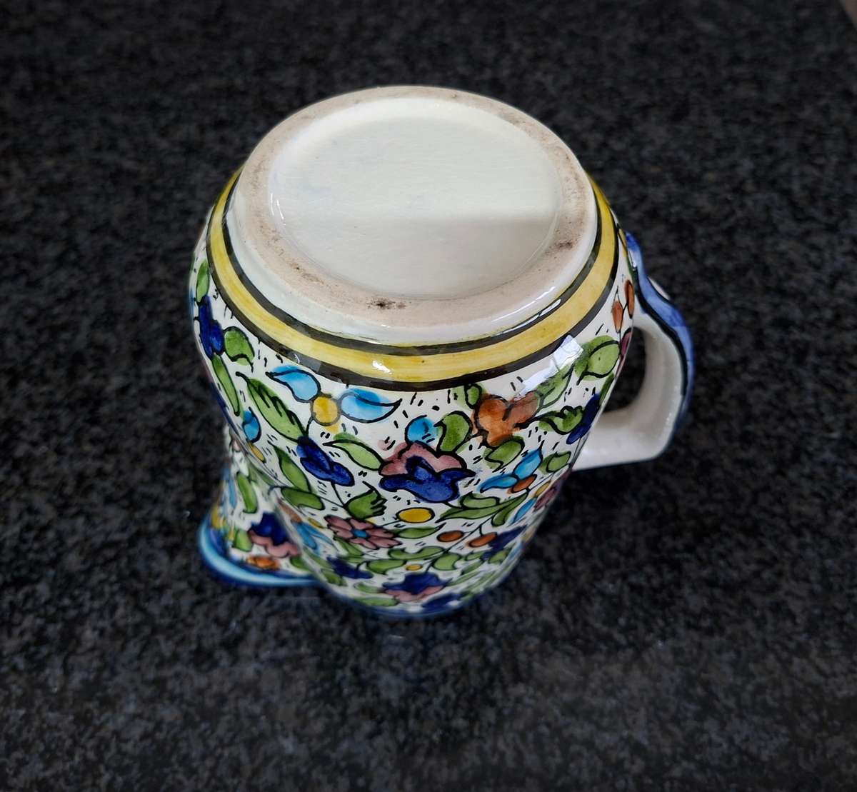 Vintage Jerusalem pottery jug - flowers and leaves blue and white