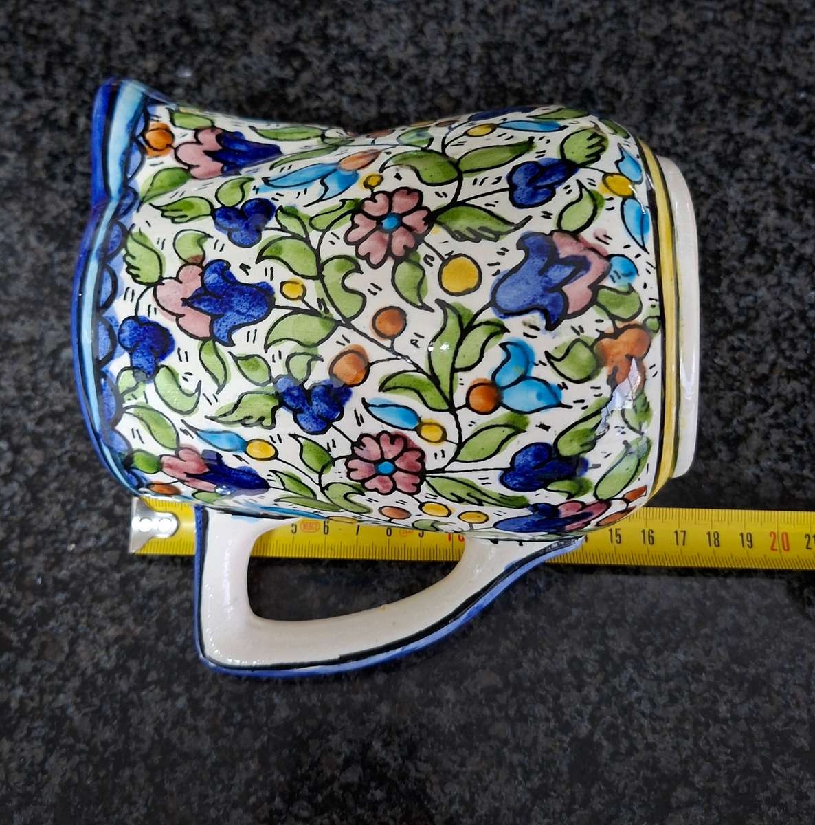 Vintage Jerusalem pottery jug - flowers and leaves blue and white