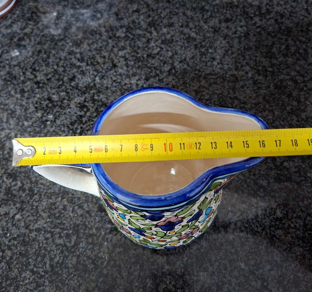 Vintage Jerusalem pottery jug - flowers and leaves blue and white