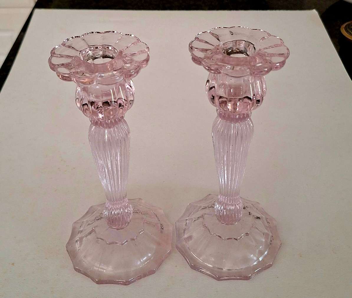 Pair of Glass candlesticks Pink 18 cms tall