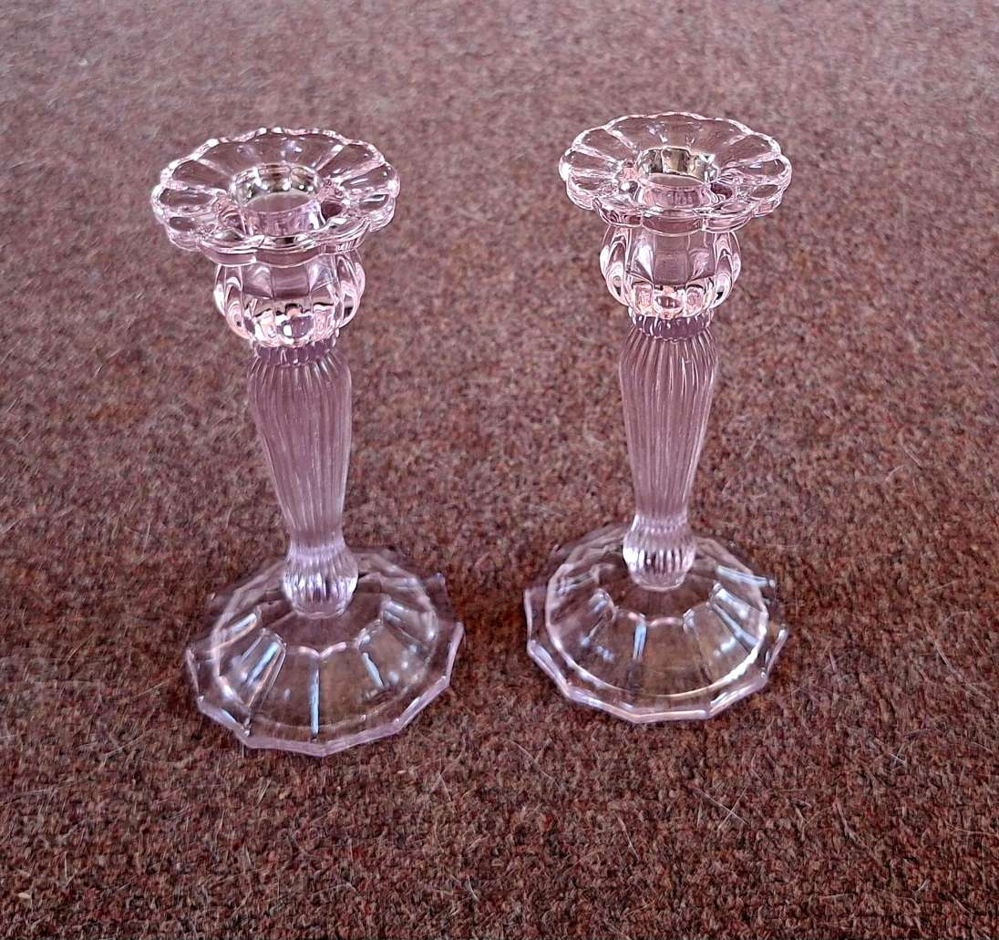 Pair of Glass candlesticks Pink 18 cms tall