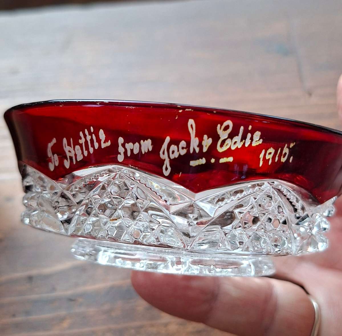 Antique Ruby flash glass jug and bowl 1915 - inscribed