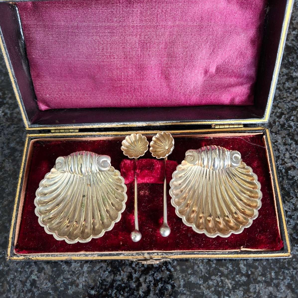 Boxed Silver plate salts - shell shaped salt bowls with spoons