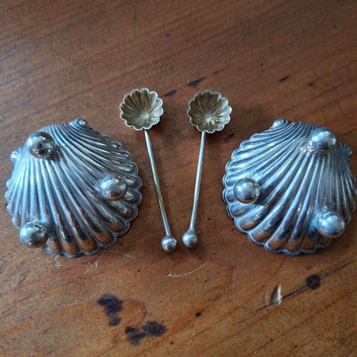 Boxed Silver plate salts - shell shaped salt bowls with spoons