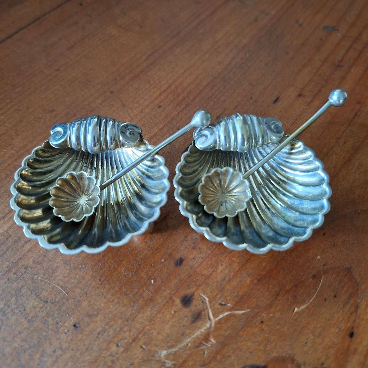 Boxed Silver plate salts - shell shaped salt bowls with spoons