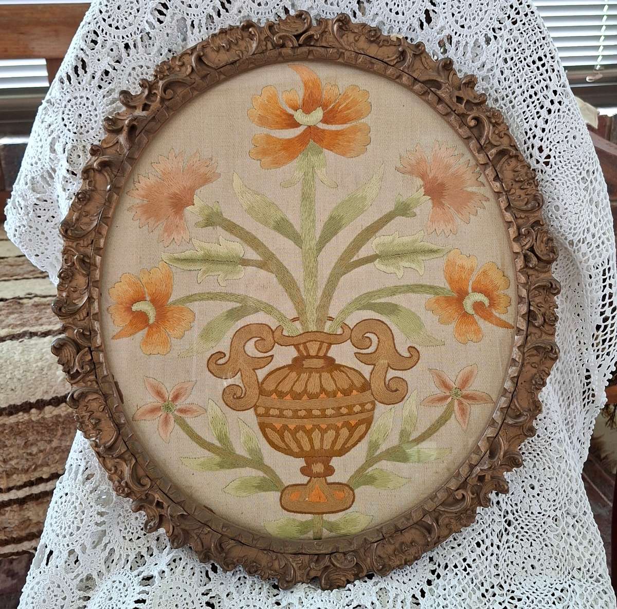 1902 framed silk embroidery - Styalized floral work - satin stitch in original frame