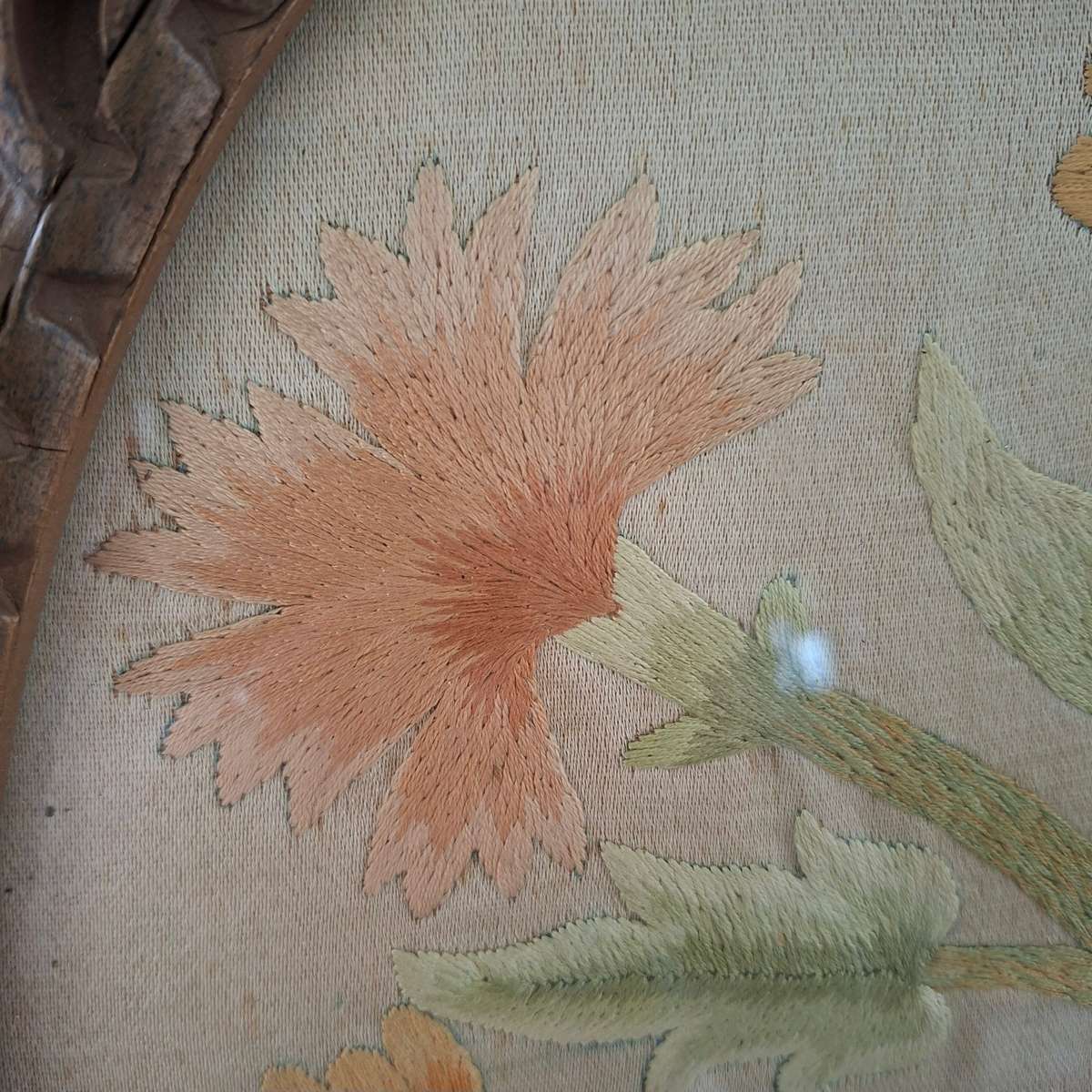 1902 framed silk embroidery - Styalized floral work - satin stitch in original frame