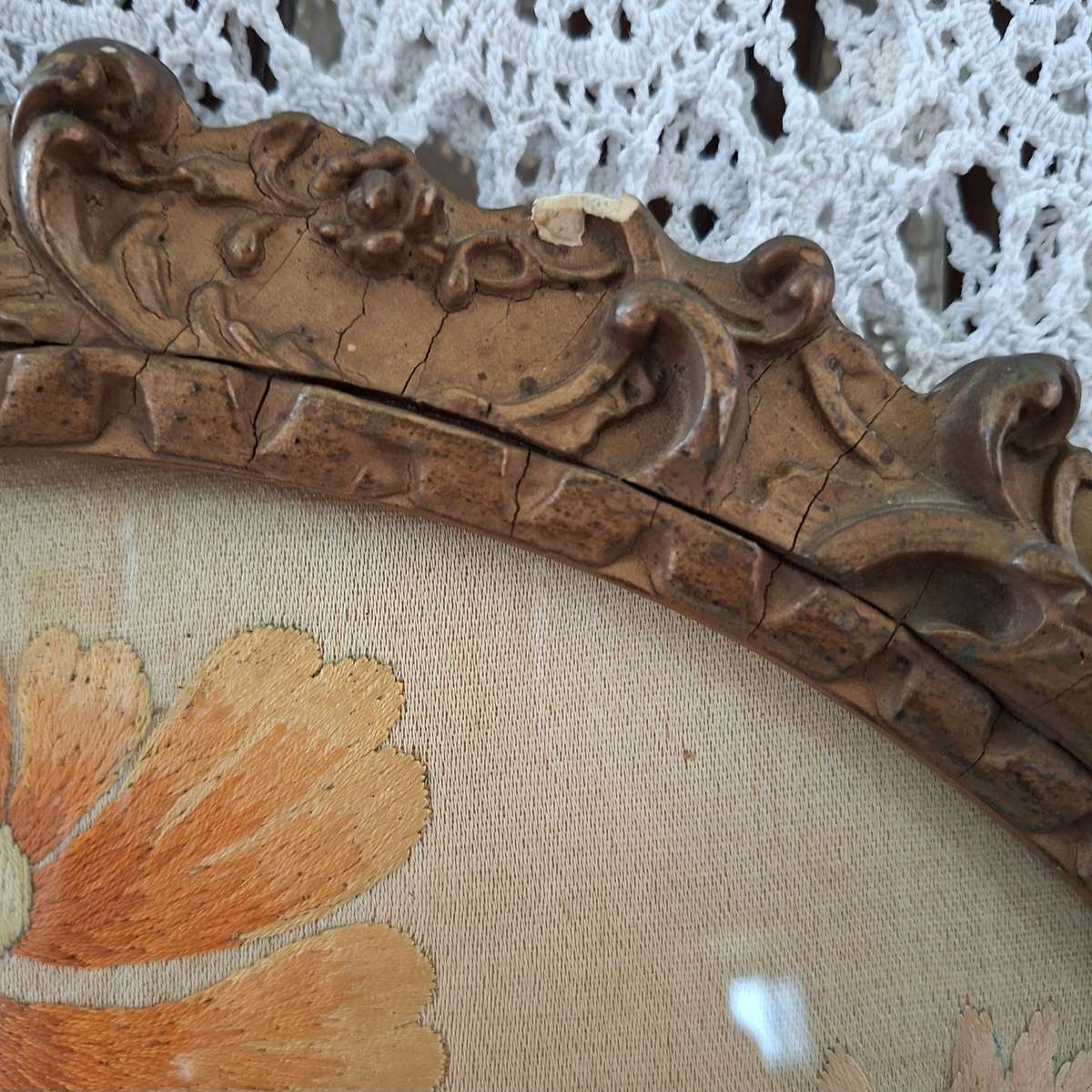 1902 framed silk embroidery - Styalized floral work - satin stitch in original frame