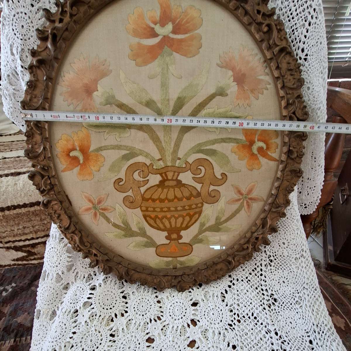 1902 framed silk embroidery - Styalized floral work - satin stitch in original frame