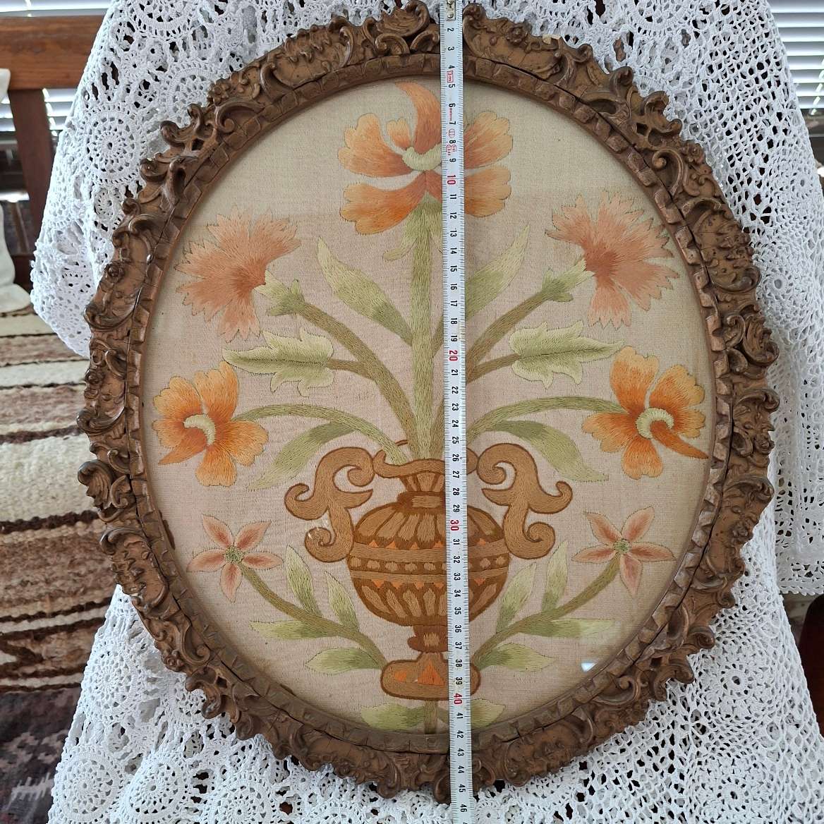1902 framed silk embroidery - Styalized floral work - satin stitch in original frame
