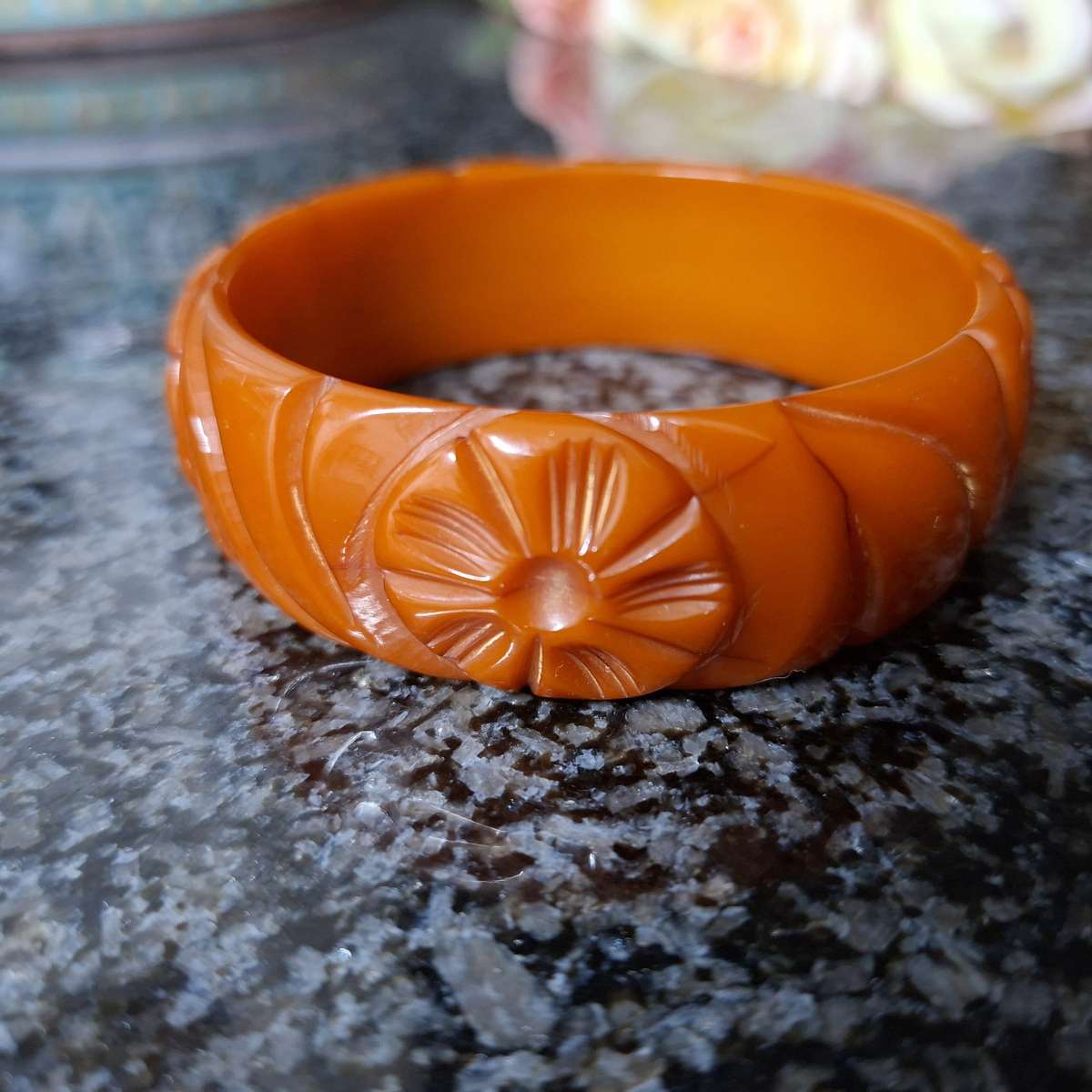 Bakelite bangle bracelet carved amber honey colour 2 cms wide