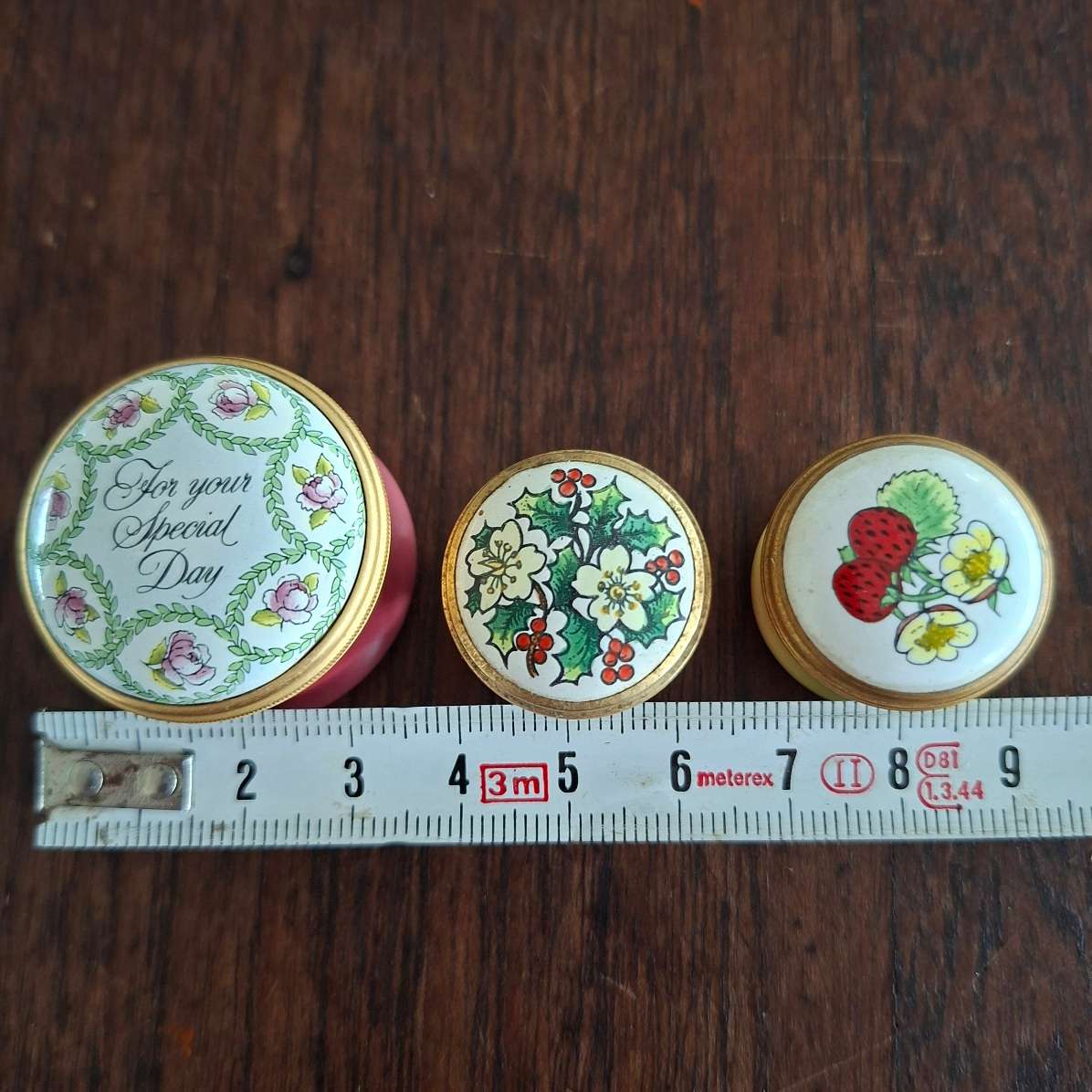 Three enamelled pill boxes circa 1980 - Made in the UK