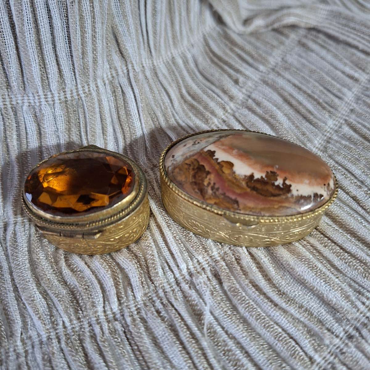 2 ornate gold metal pill boxes - Picture Stone (jasper) plus amber glass pill box - trinket boxes