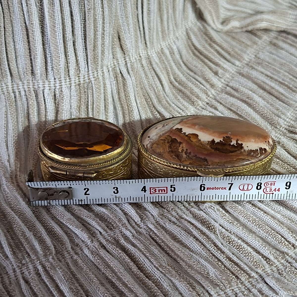 2 ornate gold metal pill boxes - Picture Stone (jasper) plus amber glass pill box - trinket boxes