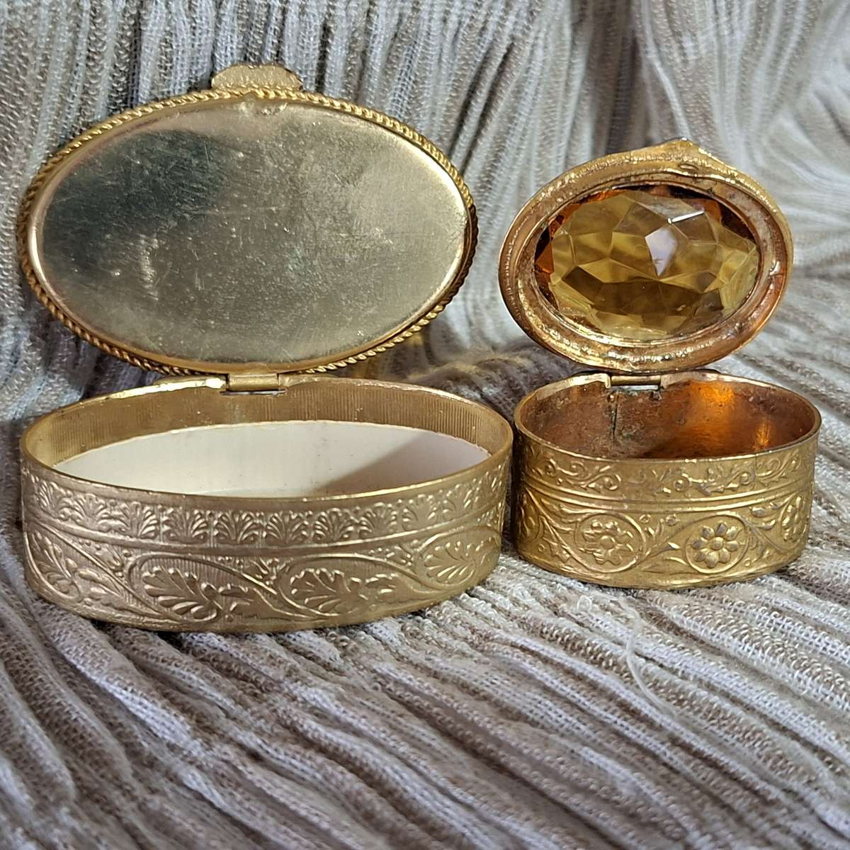 2 ornate gold metal pill boxes - Picture Stone (jasper) plus amber glass pill box - trinket boxes