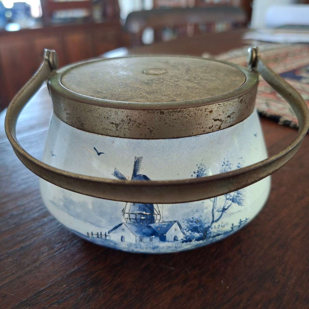 Lidded jar with Delft style hand painted windmill - vintage