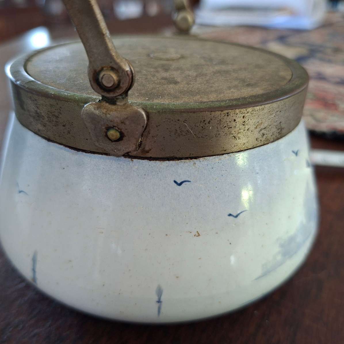 Lidded jar with Delft style hand painted windmill - vintage