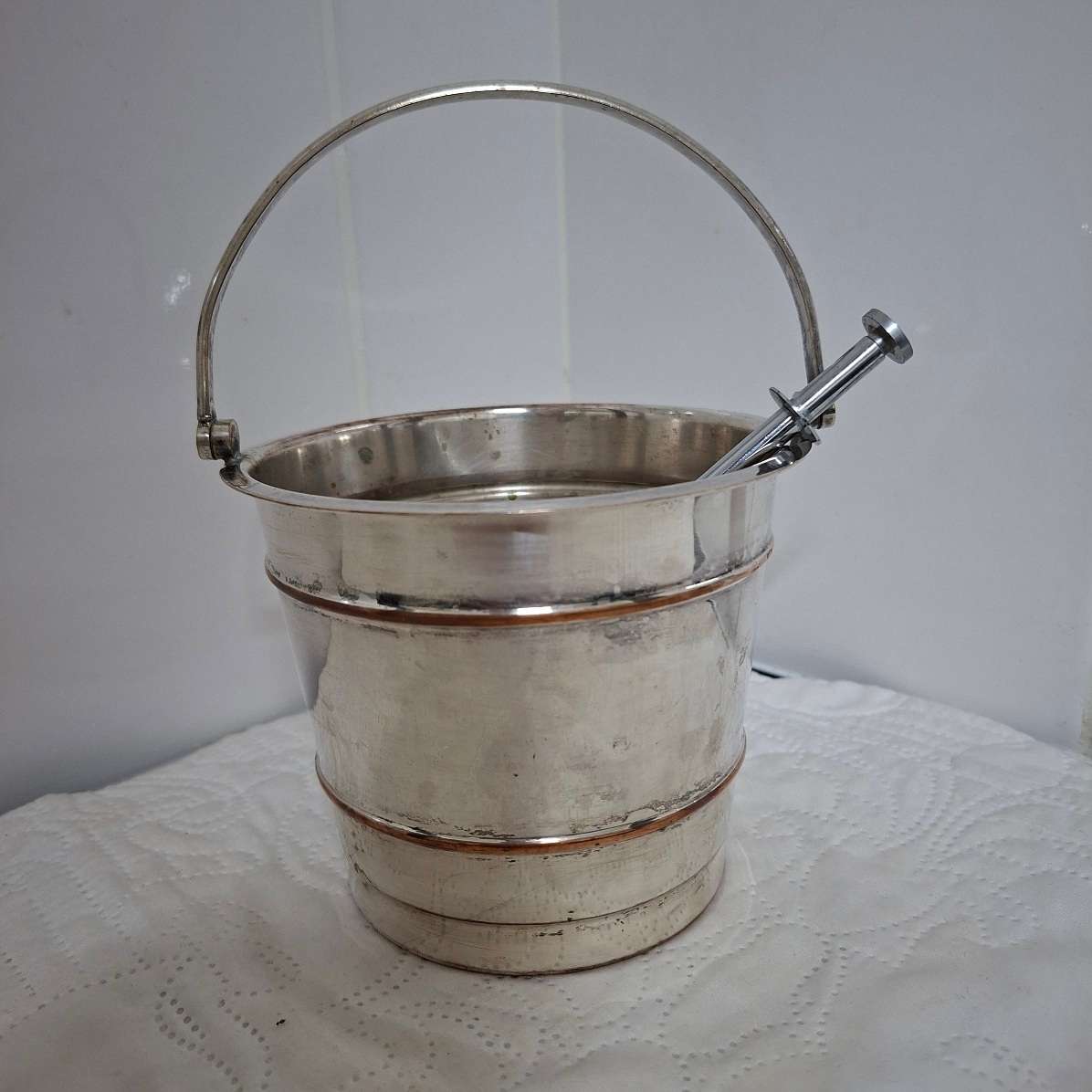 Ice bucket - silver plated with ice drainer and tongs