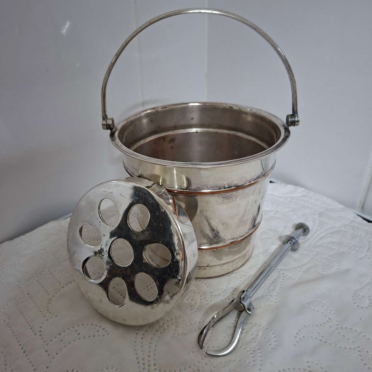Ice bucket - silver plated with ice drainer and tongs