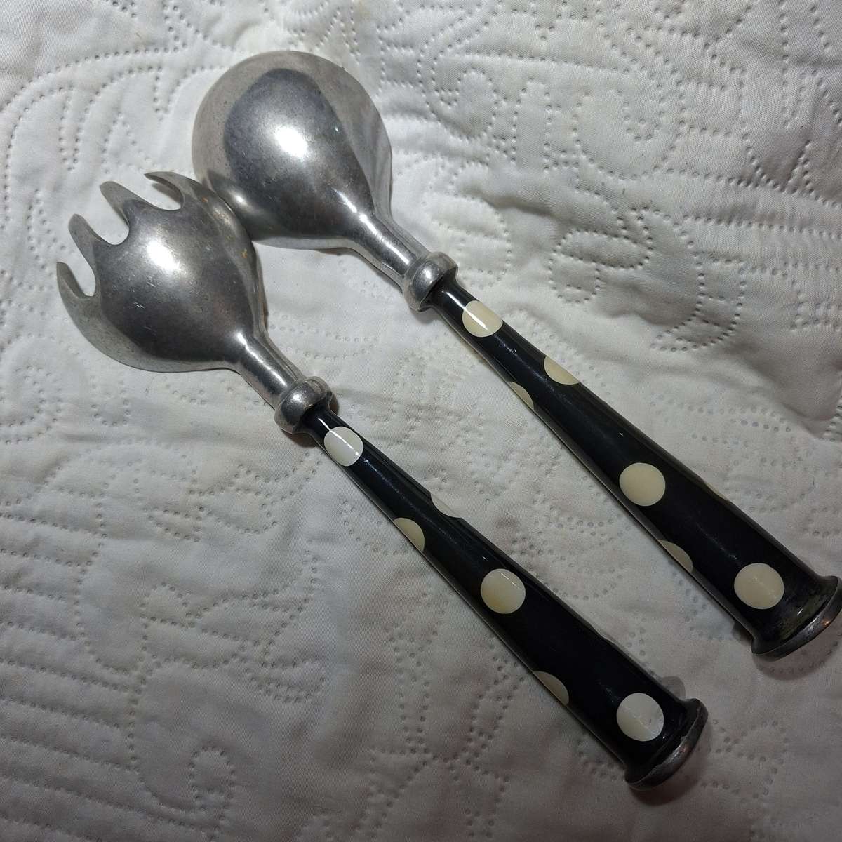 Salad servers metal polka dot - heavy solid metal - pewter? - kitchenalia