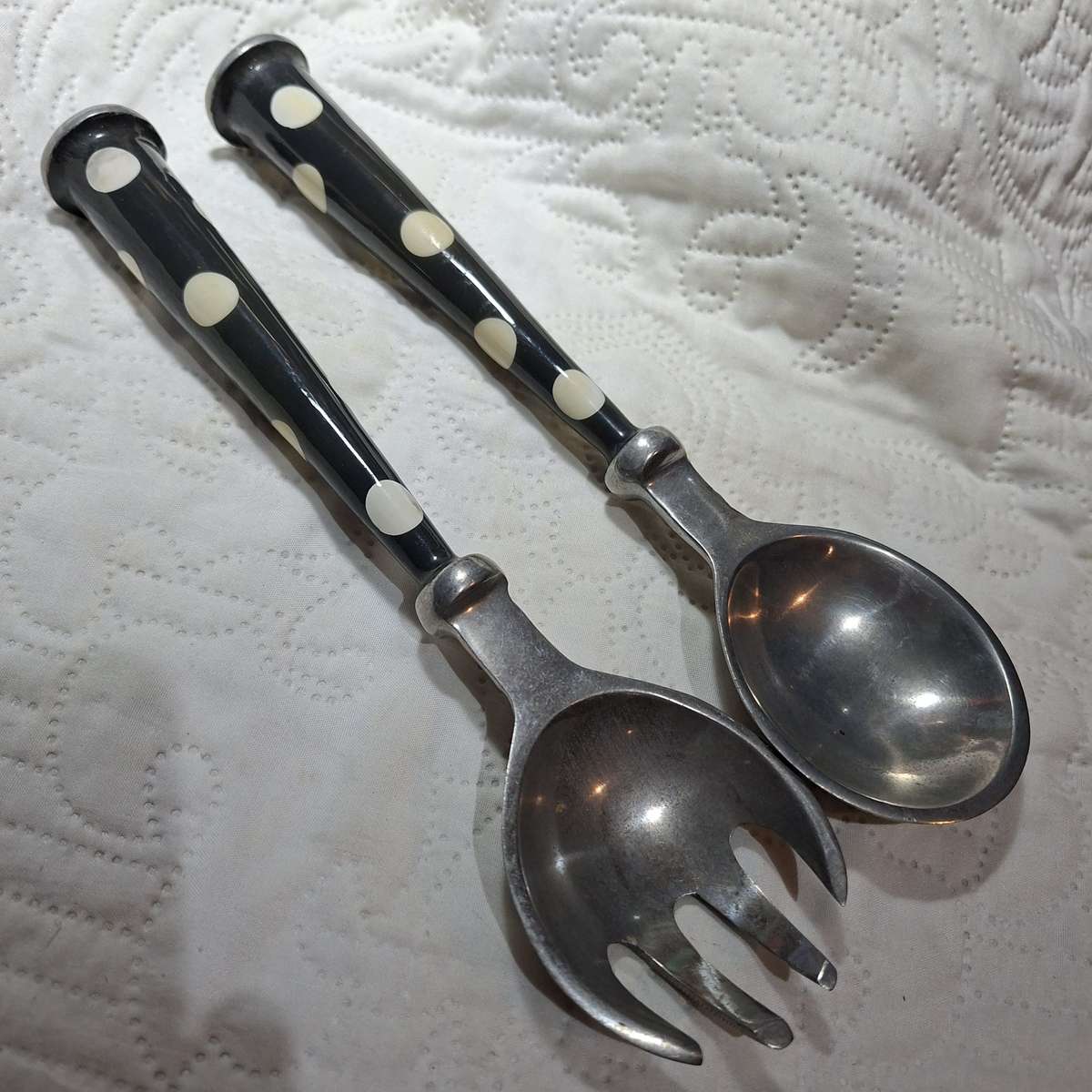 Salad servers metal polka dot - heavy solid metal - pewter? - kitchenalia