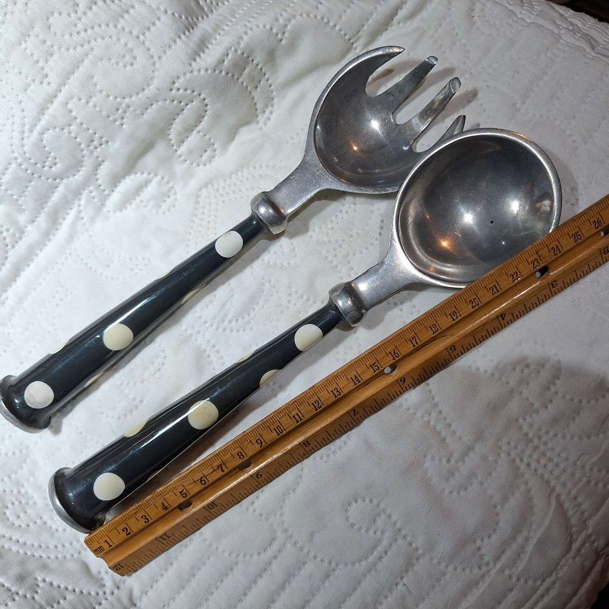 Salad servers metal polka dot - heavy solid metal - pewter? - kitchenalia