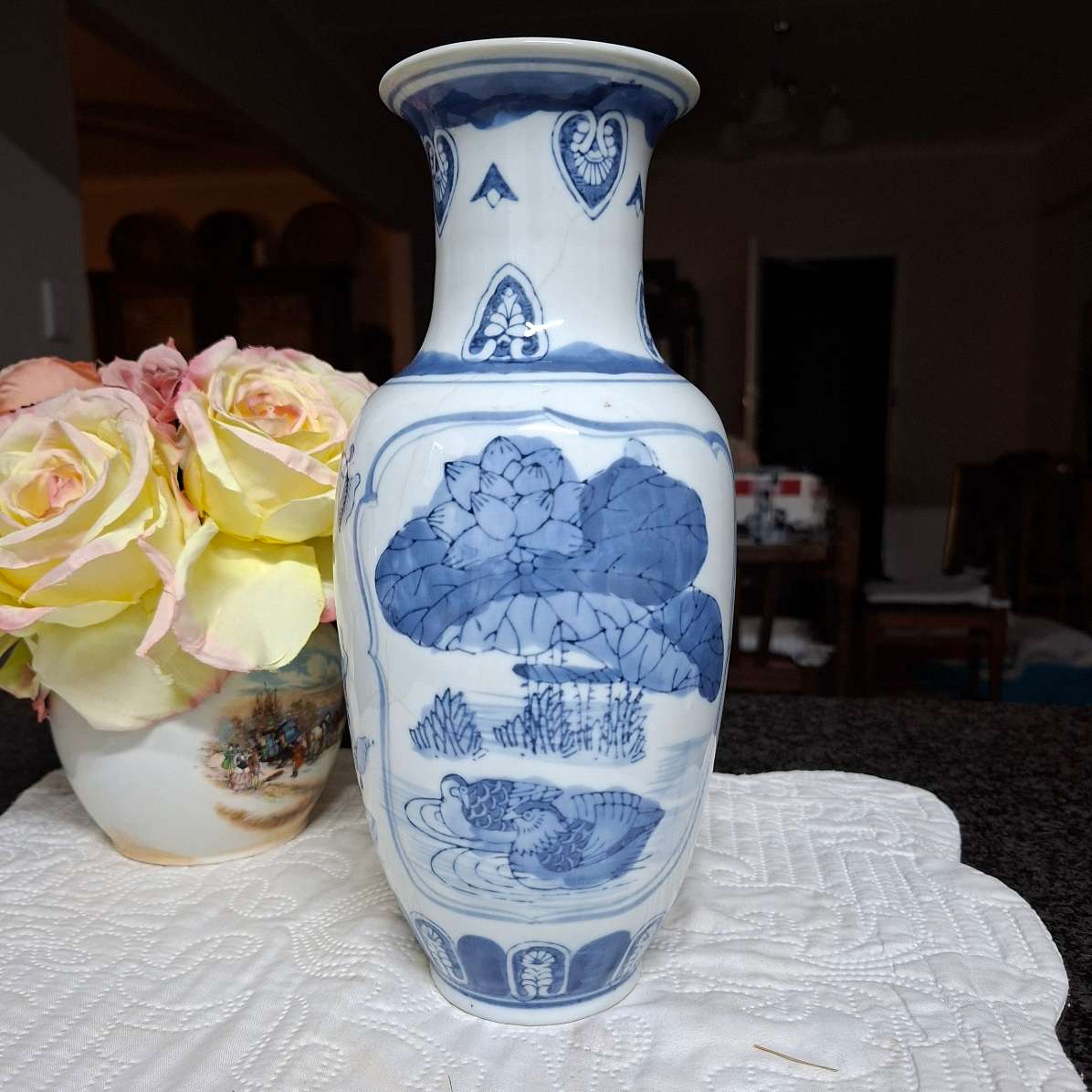 Tall Chinese blue and white vase  30 cms.