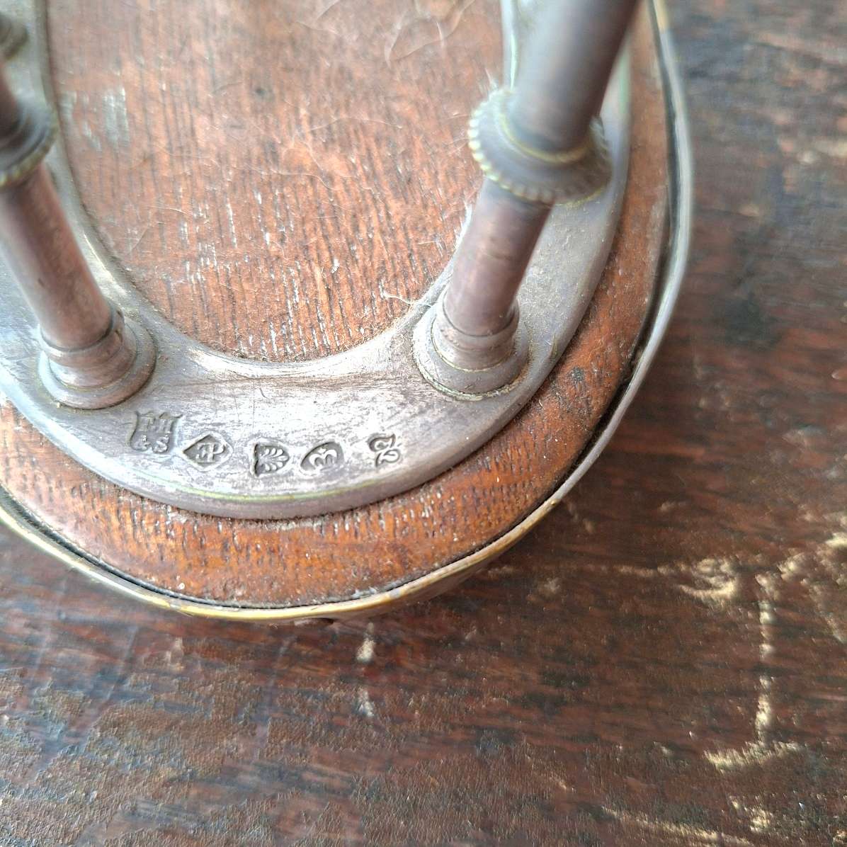 Gothic silver plated toast rack on oak base with four feet - late 1800's  T.H and S.