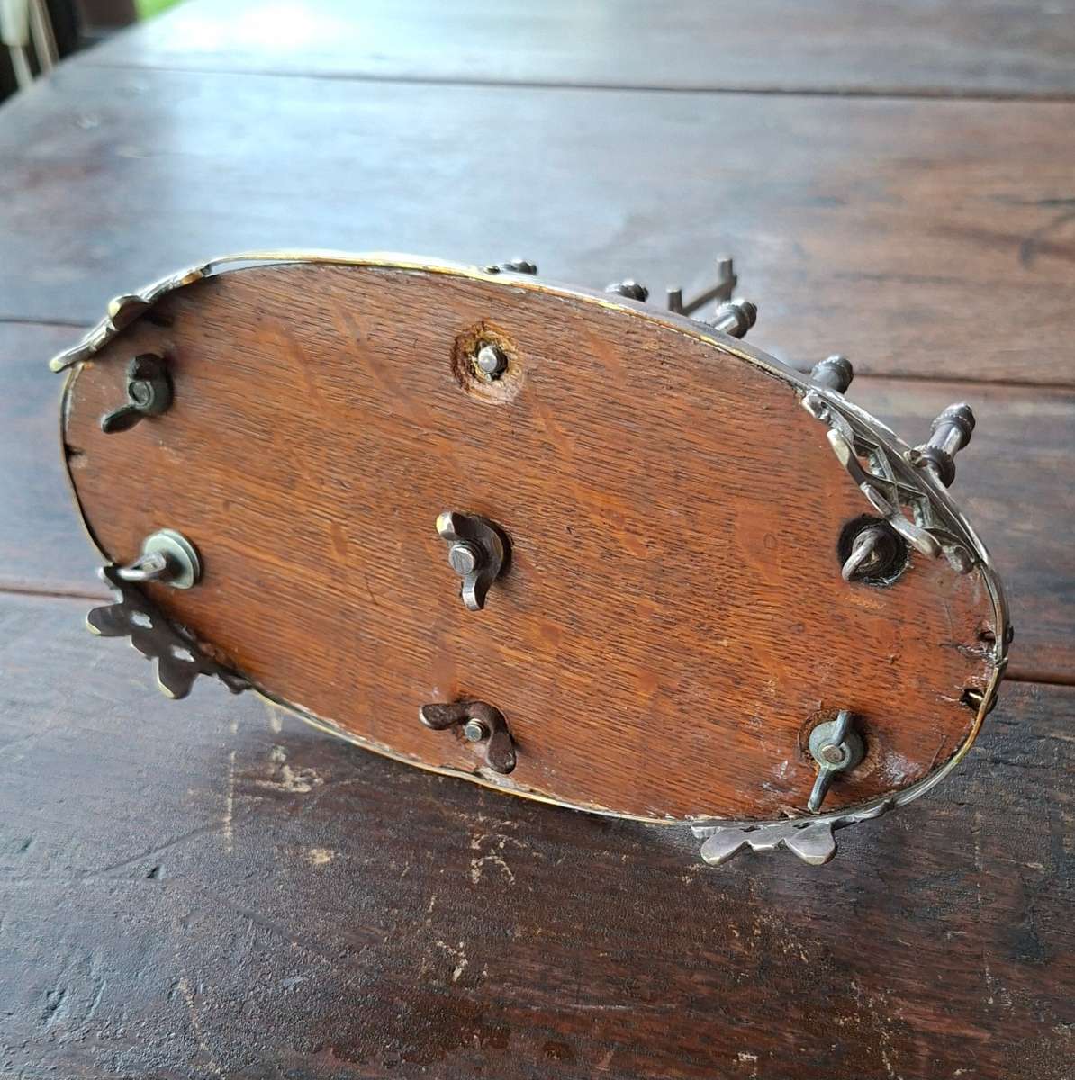 Gothic silver plated toast rack on oak base with four feet - late 1800's  T.H and S.