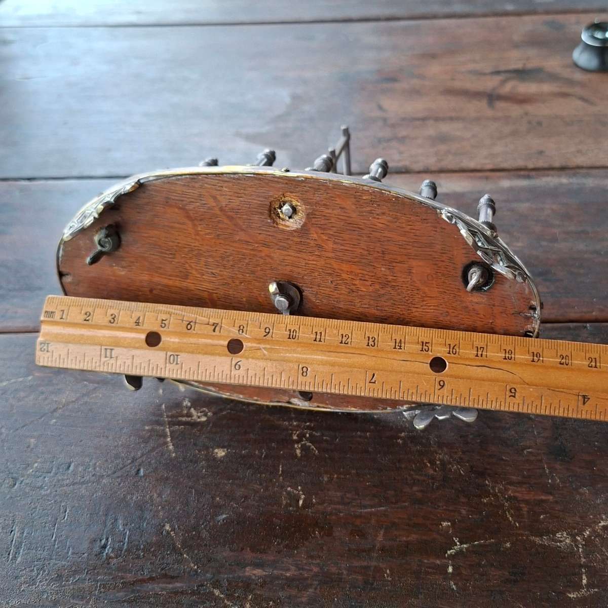 Gothic silver plated toast rack on oak base with four feet - late 1800's  T.H and S.