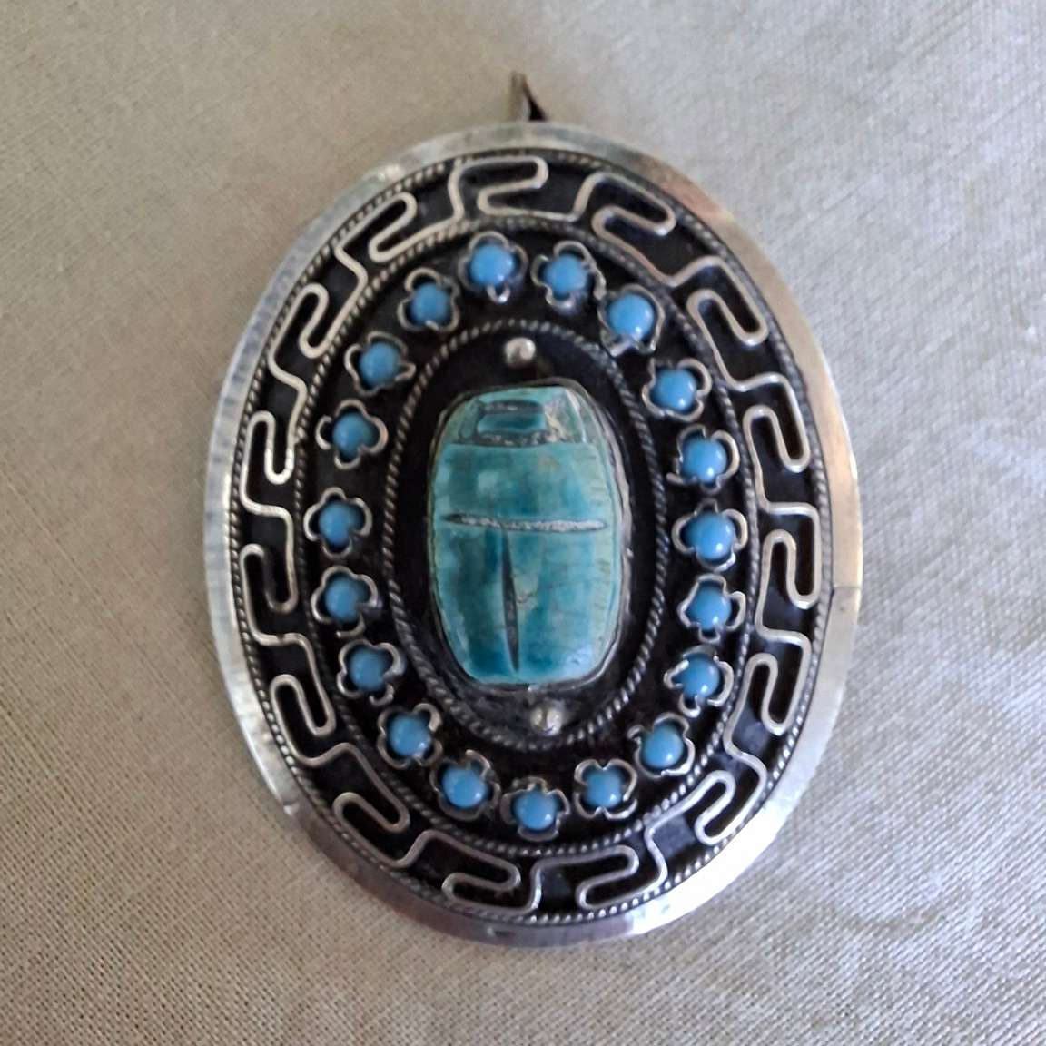 Silver brooch - revival egyption silver with ceramic scarab and torquoise glass beads