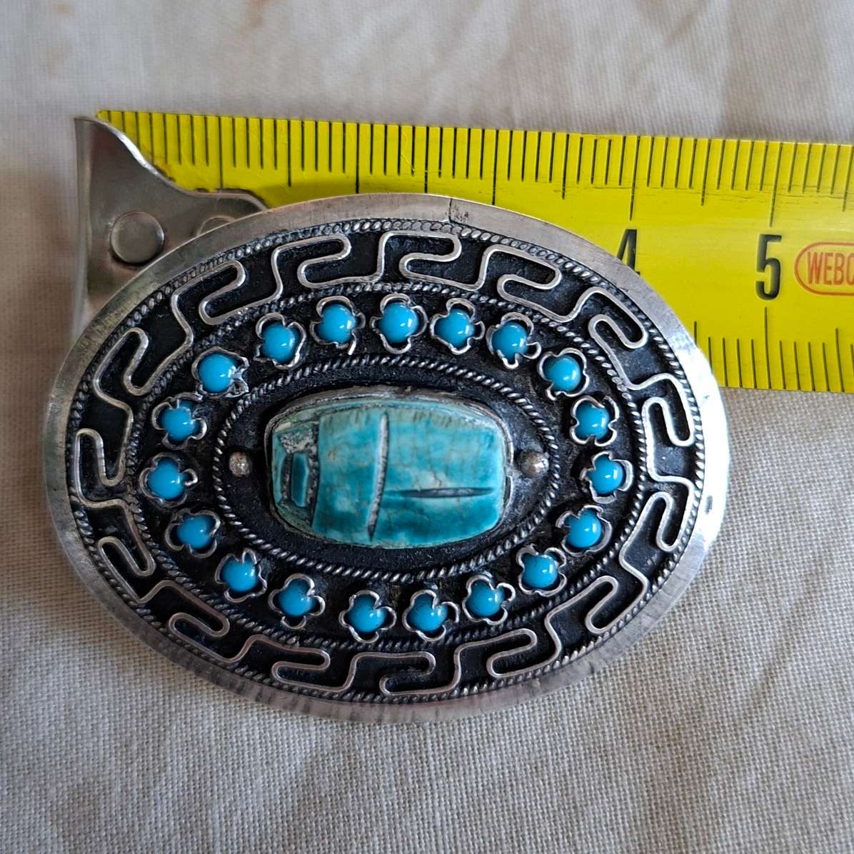 Silver brooch - revival egyption silver with ceramic scarab and torquoise glass beads