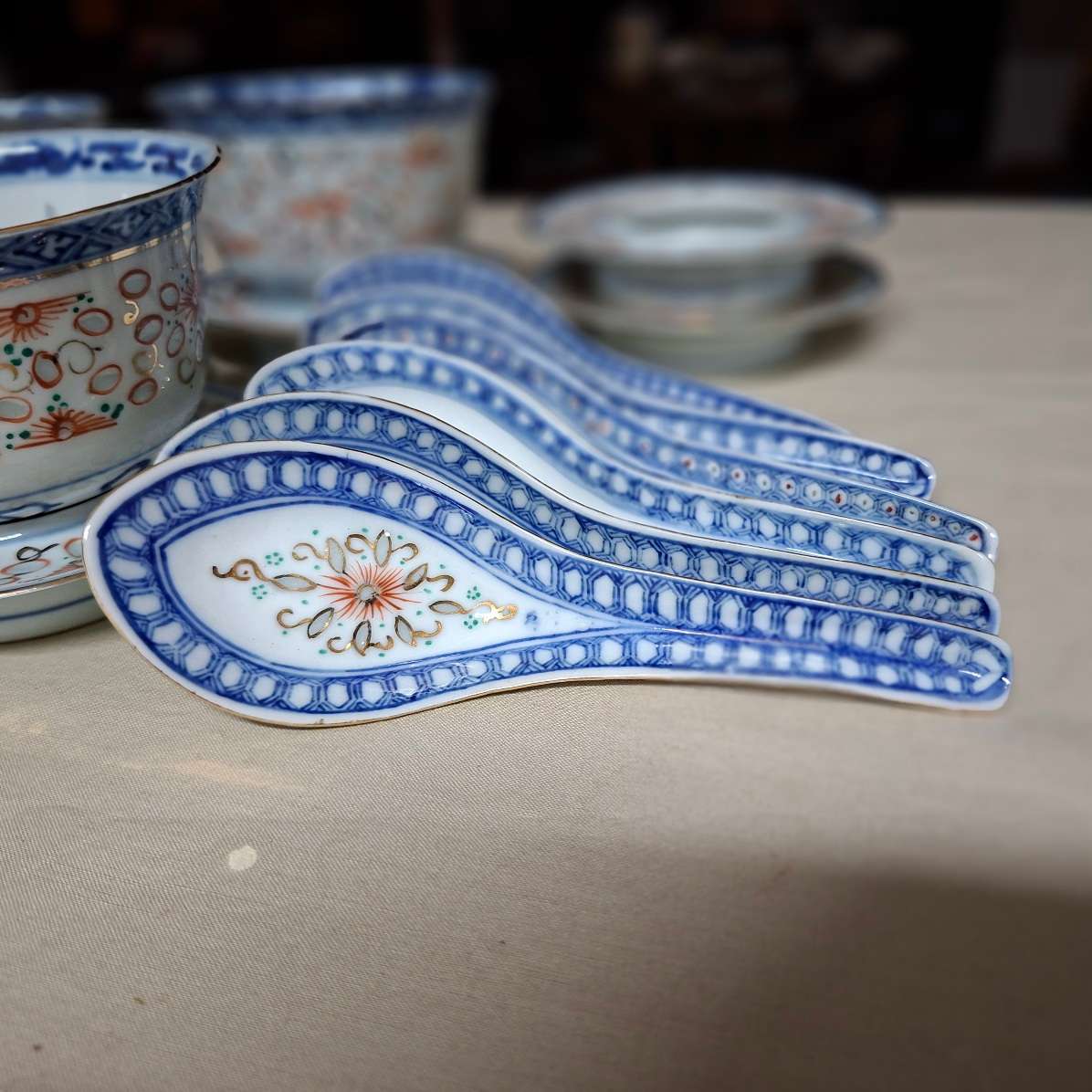 Vintage chinese food bowls stands and spoons