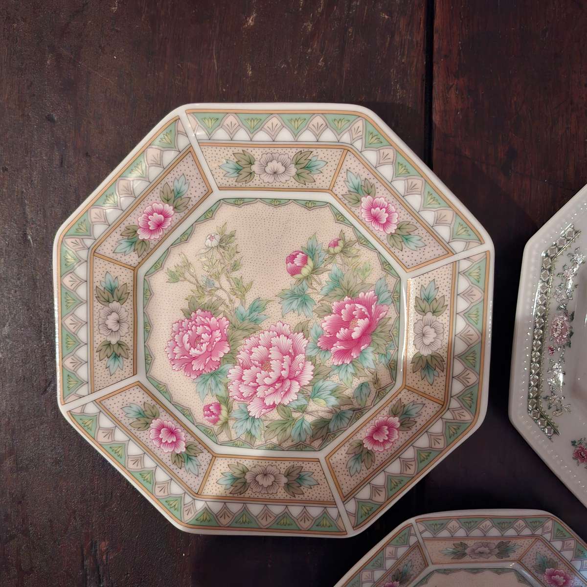 3 octagonal chinese and japanese chrysanthemum /roses plates