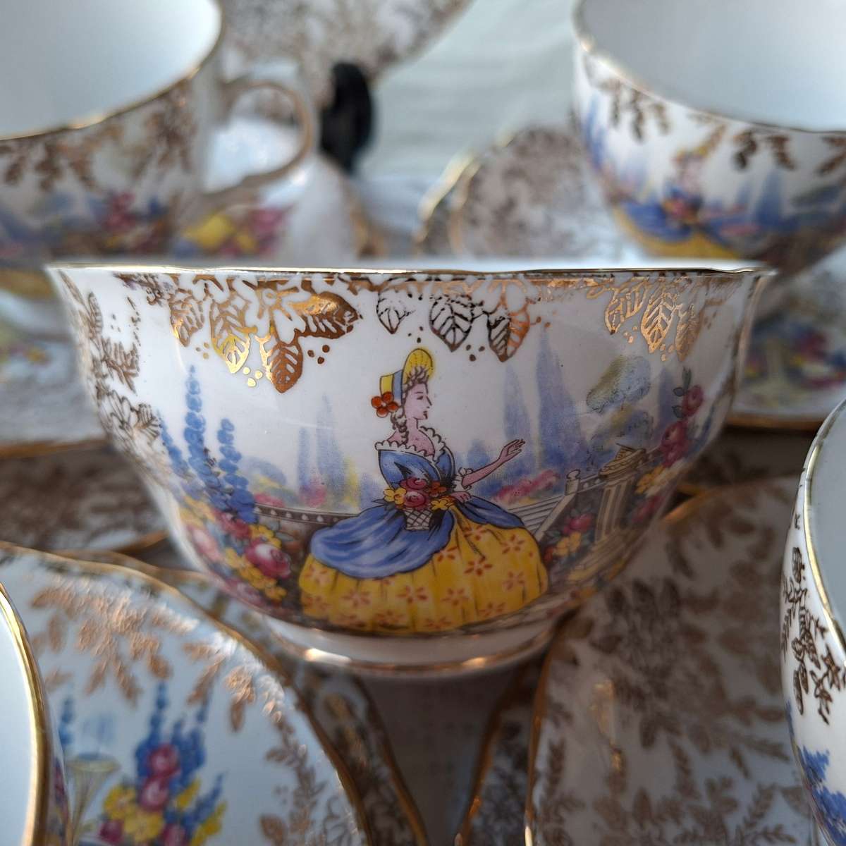 Colclough Tea Set 6 trios, jug, sugar basin and cake plate - Crinoline lady pattern