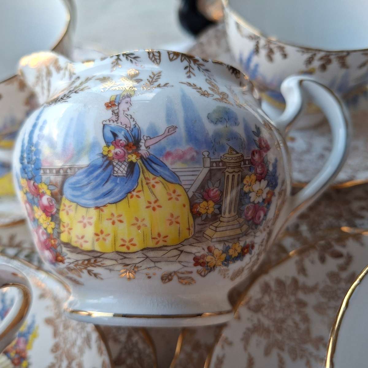 Colclough Tea Set 6 trios, jug, sugar basin and cake plate - Crinoline lady pattern