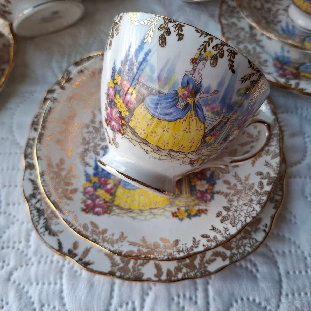 Colclough Tea Set 6 trios, jug, sugar basin and cake plate - Crinoline lady pattern