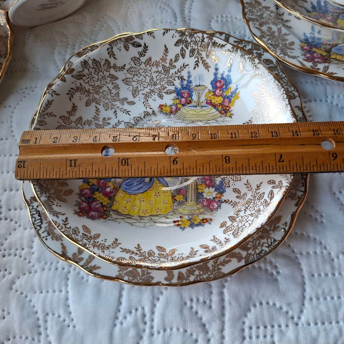 Colclough Tea Set 6 trios, jug, sugar basin and cake plate - Crinoline lady pattern