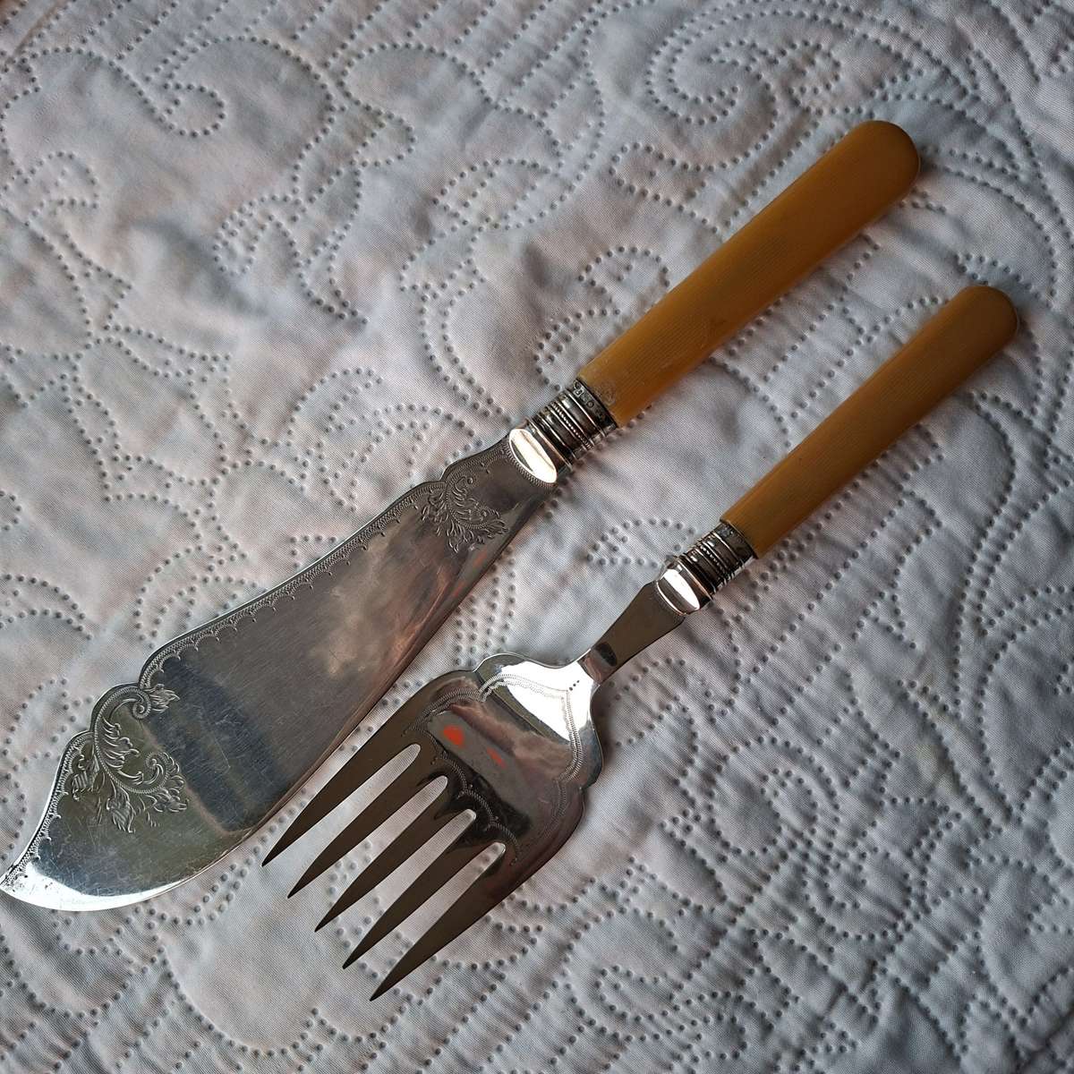 Serving cutlery with silver collars, ornate - wedding cake servers, fish servers.