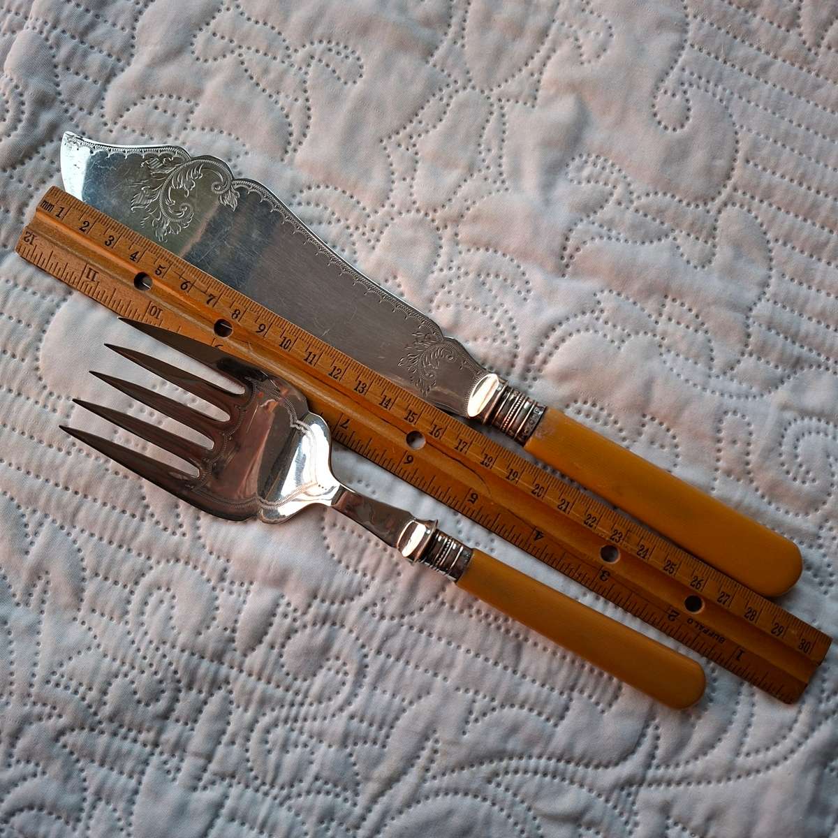 Serving cutlery with silver collars, ornate - wedding cake servers, fish servers.