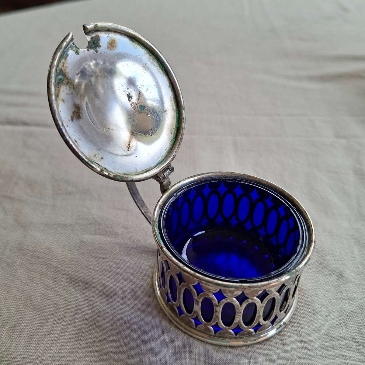 Silver plate mustard pot with original glass inner